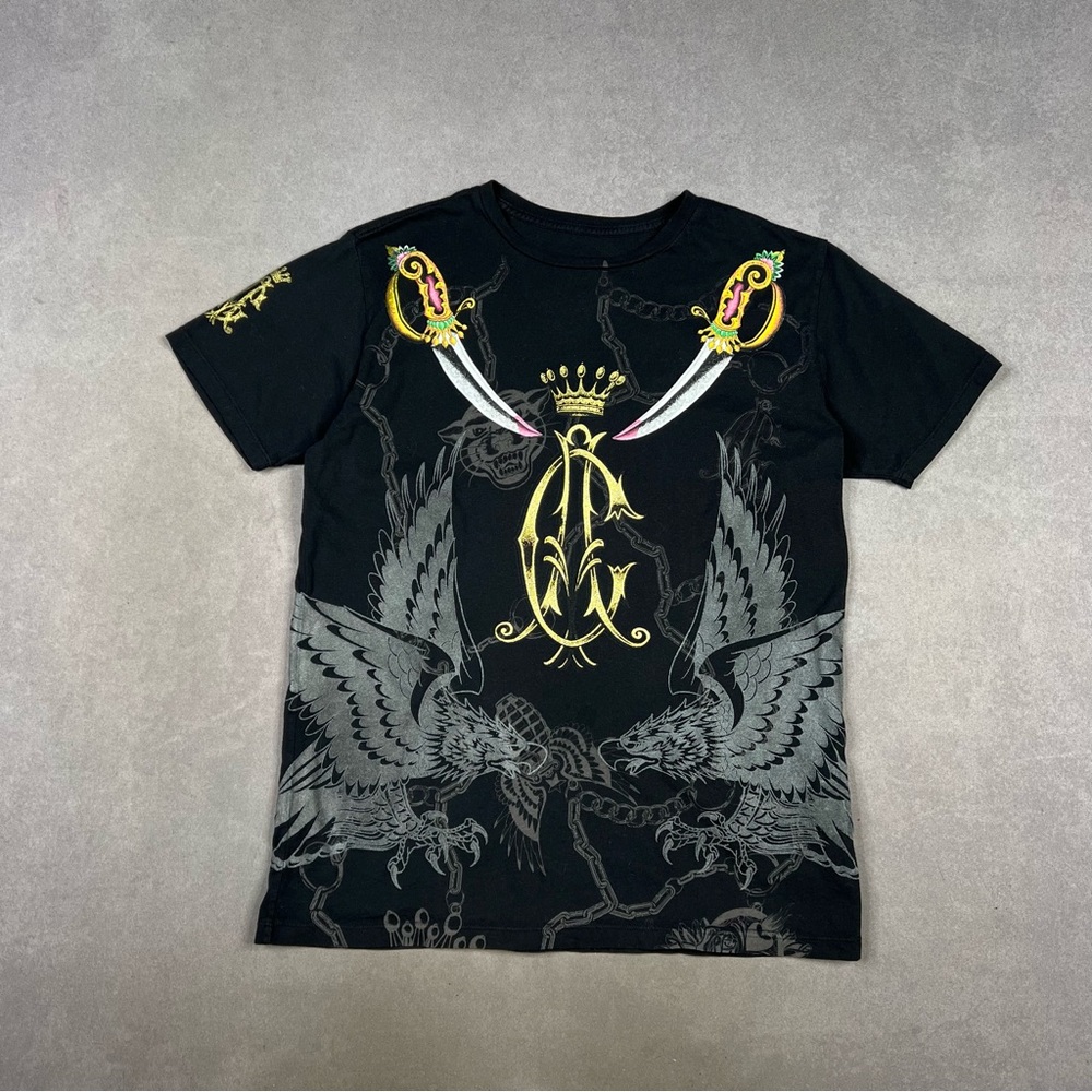 Christian Audigier Black T-Shirt with Gold and Gray Accents